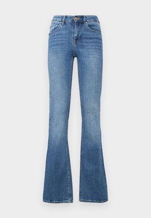 Jean en denim bleu évasé avec une taille mi-haute, cinq poches et des coutures contrastantes, fabriqué à partir d'un tissu doux et extensible.