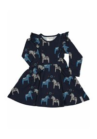 Merennevärinen mekko pitkillä hihoilla ja röyhelökoristeilla, jossa on leikkisä kuvio harmaista ja sinisistä hevosista, punaisista sydämistä ja kukkateemoista.