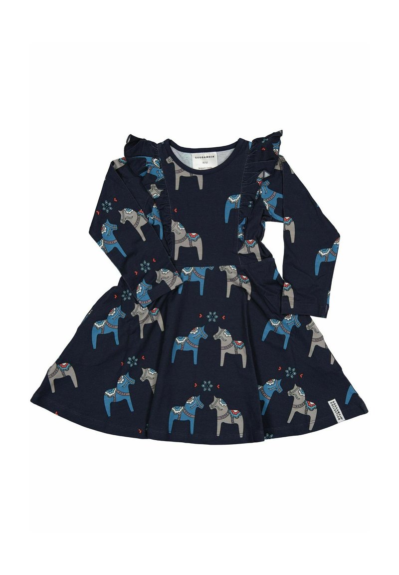 Merennevärinen mekko pitkillä hihoilla ja röyhelökoristeilla, jossa on leikkisä kuvio harmaista ja sinisistä hevosista, punaisista sydämistä ja kukkateemoista.