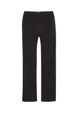 Černé manšestrové kalhoty s volným střihem, s tkanicí v pase a rovnými nohavicemi. Strukturovaný povrch s vertikálními pruhy.