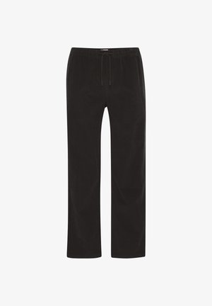 Schwarze Cordhosen mit lockerem Schnitt, ausgestattet mit einem Kordelzug in der Taille und geraden Beinen. Strukturierte Oberfläche mit vertikalen Streifen.