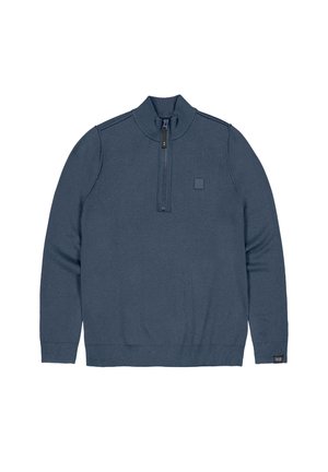 Donkerblauwe pullovertrui met een ritskraag, geribde manchetten en een rechthoekig logo label aan de onderkant van de rechterzoom. Zachte stoftextuur.