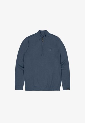 Donkerblauwe pullovertrui met een ritskraag, geribde manchetten en een rechthoekig logo label aan de onderkant van de rechterzoom. Zachte stoftextuur.