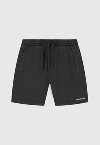 Zwarte shorts van textiele stof, met een elastische tailleband met koord, zijzakken en "HANG ELEVEN" in witte letters gedrukt.