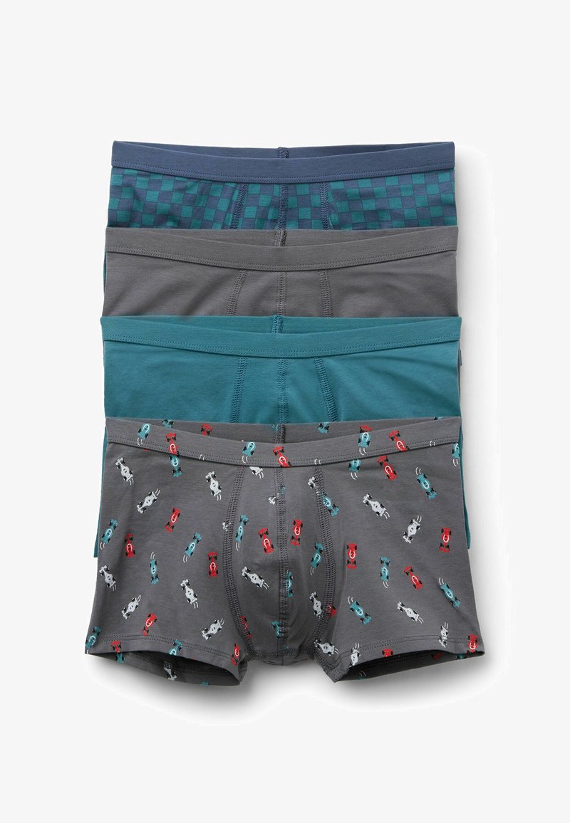 Cuatro pares de bóxers para hombre: cuadros azul oscuro, gris sólido, verde azulado y gris con un estampado de coches. Tela de algodón suave, cinturillas elásticas.