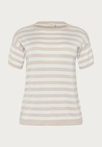 Beige en witte gestreepte short-sleeve trui met een ronde halslijn. De stof heeft een licht gestructureerde, glanzende afwerking.