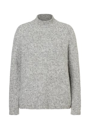 Grauer Strickpullover mit hohem Kragen, gerippter Textur, langen Ärmeln und lockerer Passform. Der Stoff besteht aus einer Mischung von hellen und dunklen grauen Fäden.
