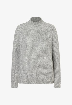 Grauer Strickpullover mit hohem Kragen, gerippter Textur, langen Ärmeln und lockerer Passform. Der Stoff besteht aus einer Mischung von hellen und dunklen grauen Fäden.