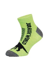 Grüne Socken mit schwarzem Dinosaurier-Motiv und dem Text "Jurassic World". Graue Akzente an Ferse und Zehen. Der Stoff wirkt weich und hat eine gemütliche Textur.