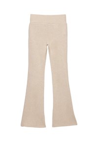 Bézs színű, bő szárú nadrág puha, texturált anyagból, széles derékpánttal, egyszerű, minta- és díszítés nélküli kivitelben.