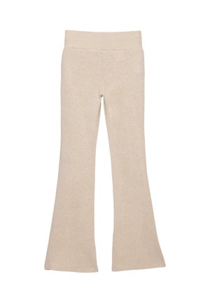 Beige utsvängda byxor i mjukt, strukturerat tyg med en bred midjerem, med en enkel design utan mönster eller utsmyckningar.