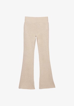 Beige vide bukser lavet af blødt, struktureret stof med en bred linning, der har et enkelt design uden mønstre eller pynt.