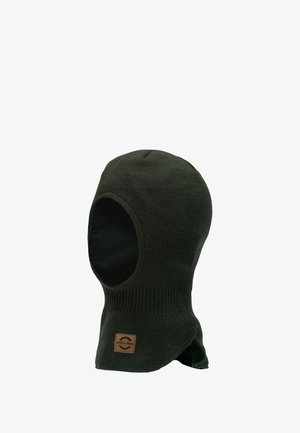 Dark green knit balaclava featuring a rounded top, open face, and neck coverage. Includes a stitched logo patch on the side.