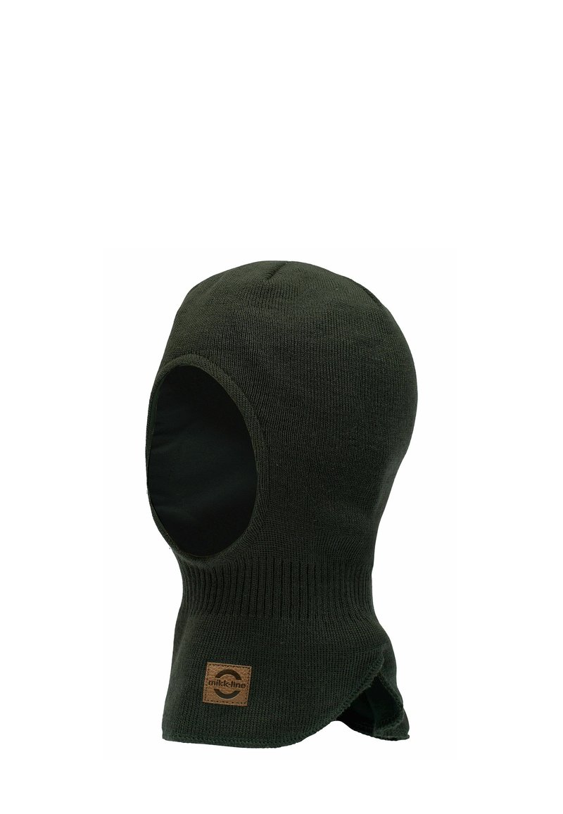 Dunkelgrüne Strick-Balaclava mit runder Oberseite, offener Gesichtsöffnung und Nackenabdeckung. Enthält ein gestepptes Logo-Patch an der Seite.