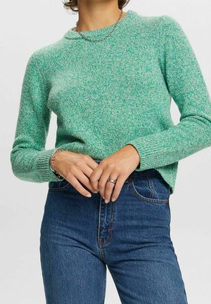 Person iført en lys grøn strikket sweater og blå jeans, med sølvkæde, armbånd og to ringe på venstre hånd.