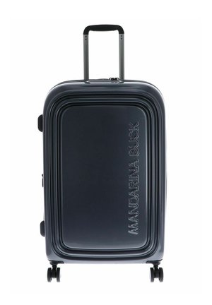Valise rigide noire à quatre roues pivotantes et poignée télescopique, embossée avec "MANDARINA DUCK" à l'avant.