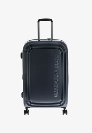 Valise rigide noire à quatre roues pivotantes et poignée télescopique, embossée avec "MANDARINA DUCK" à l'avant.