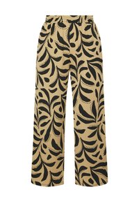 Vidbyxa i beige tyg med ett svart lövmönster. Elastisk midja, luftig textur och ankellång klipp.