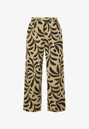 Vaatet trouserit laajoilla lahkeilla, beigeissä kankaassa, jossa on musta lehtikuosi. Joustava vyötärö, hengittävä rakenne ja nilkkapituinen leikkaus.