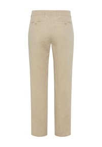 Beige linen trousers featuring a straight cut, two back pockets, and a smooth texture. Subtle stitching details are visible.