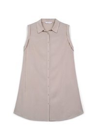 Blusa senza maniche color beige realizzata in tessuto leggero, con colletto a punta, bottoni sul davanti e orlo curvo.