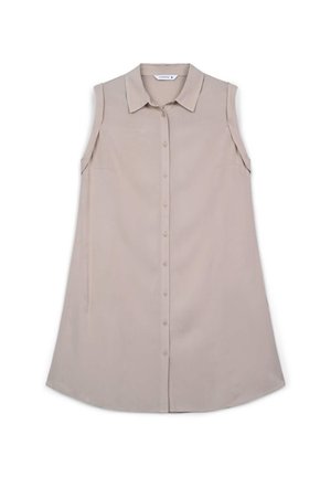 Blusa senza maniche color beige realizzata in tessuto leggero, con colletto a punta, bottoni sul davanti e orlo curvo.