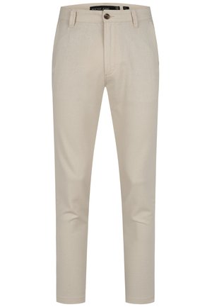 Beige bomuldsbukser med en slim fit, der har en knaplukning, forlommer og en glat tekstur. Rent design uden mønstre.