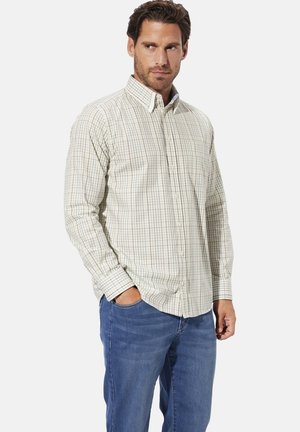 Beige Hemd mit Kragen und Knopfleiste, versehen mit einem karierten Muster in Grün und Orange. Lange Ärmel, eine einzelne Brusttasche, lässige Passform.