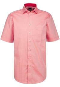 Kurzarm-Hemd aus hellrosa Stoff, mit einer Tasche, weißen Knöpfen mit rosa Akzenten und einem klassischen Kragendesign.