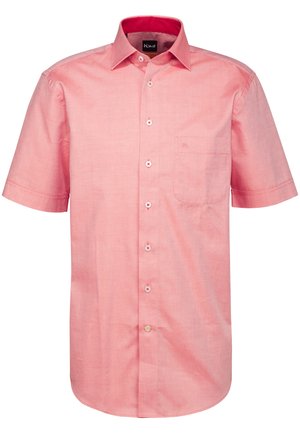 Kurzarm-Hemd aus hellrosa Stoff, mit einer Tasche, weißen Knöpfen mit rosa Akzenten und einem klassischen Kragendesign.