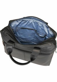 Black leather bag with dual handles, zip closure, and a blue interior featuring a slip pocket and logo pattern. Smooth texture and rectangular shape.