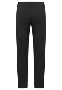 Pantalons noirs ajustés en matériau léger avec des accents de couture visibles et des poches zippées au niveau des cuisses et des jambes inférieures.