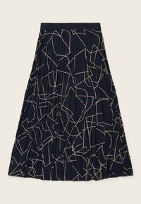 Jupe plissée bleu marine avec un motif géométrique abstrait crème. Présente une large ceinture et un tissu texturé avec des plis verticaux.