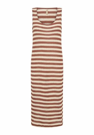 Sleeveless, knee-length knit dress with horizontal brown and beige stripes and a scoop neckline.