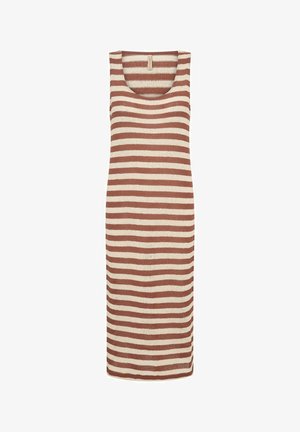 Sleeveless, knee-length knit dress with horizontal brown and beige stripes and a scoop neckline.