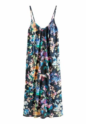 Tissu sombre avec un motif floral abstrait vibrant en bleu, vert, jaune, rose et blanc, montrant de douces plis et une texture.