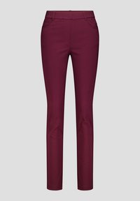 Bordeaux stretchbroek met een gladde textuur, slim fit, elastische tailleband en twee zijzakken. Eenvoudig ontwerp zonder zichtbare merknaam.