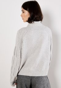 Maglione a maglia grigia chiara con colletto a polo a coste, con maniche lavorate a treccia in rilievo e orlo aderente. Materiale morbido e caldo.