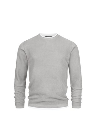 Grijze lange mouw trui met een textuur gebreide patroon en een witte ronde hals. Heeft aansluitende mouwen en een casual, relaxte vorm.