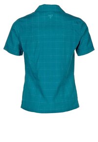 Košile s krátkými rukávy v tyrkysové barvě s kostkovaným vzorem. Má klasický límec a malý vyšívaný detail na zádech.