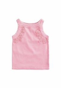 Pink cotton tank top with ribbed texture, featuring floral embroidery on each shoulder and a round neckline.
