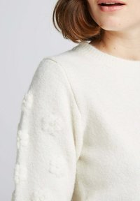 Pull en tricot de couleur crème avec un col rond et des accents de fleurs en relief sur les manches. Tissu doux et chaud.