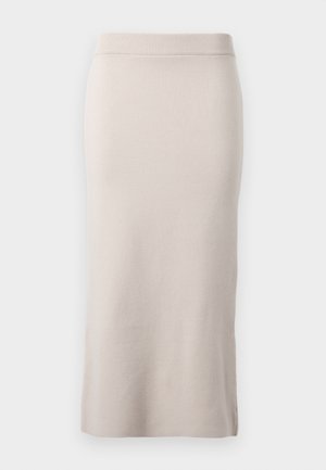 Knit pencil skirt in a light beige color, featuring a ribbed waistband, slim fit, and side slit for ease of movement. Soft texture, minimal design.
