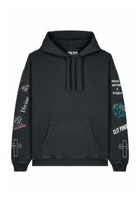 Črna kapuca s sprednjim žepom, grafični printi na rokavih in rebrastimi manšeti. Vsebuje besedilo in pisane vzorce. Standardna prileganje.