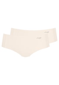 Beige undertøy for kvinner laget av et glatt, elastisk stoff. Har en middels høyde med en bred midjebånd og diskret logo-detalj. To deler inkludert.