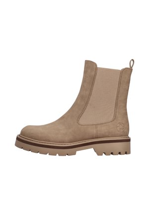 Tan Chelsea boots made of suede with elastic side panels and a pull tab. Features a chunky rubber sole with a slight heel.