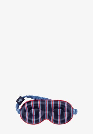 Antifaz de seda con rayas verticales en azul marino, rojo y azul claro, cubiertas acolchadas para los ojos y una cinta elástica azul con etiqueta "slip".