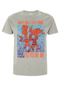 Heathergrå t-shirt i bomull med ett färgglatt grafiskt tryck som har animerade karaktärer och blandad text i rött och blått.
