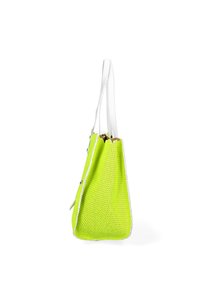 Borsa a rete in un vivace verde neon con bordi e manici bianchi. Presenta una parte superiore aperta e una superficie testurizzata per favorire la traspirazione.