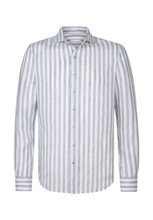 Langarmhemd aus leichtemLeinen, mit grauen und weißen horizontalen Streifen, Knopfverschluss vorne und klassischem Kragen.